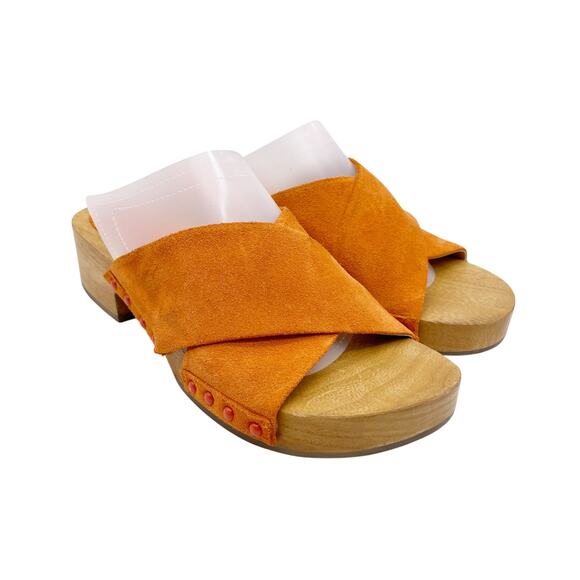 Schutz Women's Tangerine Suede Wooden Platform Clog Sandals Size 8.5B - Picture 1 of 9